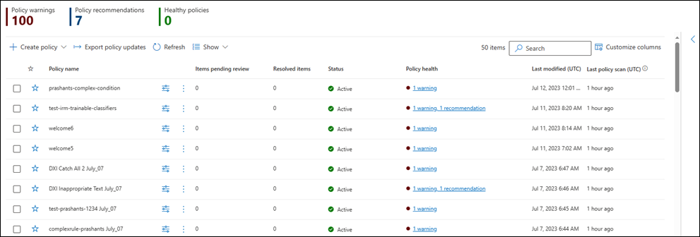 Communication compliance Policies page showing Policy warnings, Policy ecommendations, and Healthy policies.