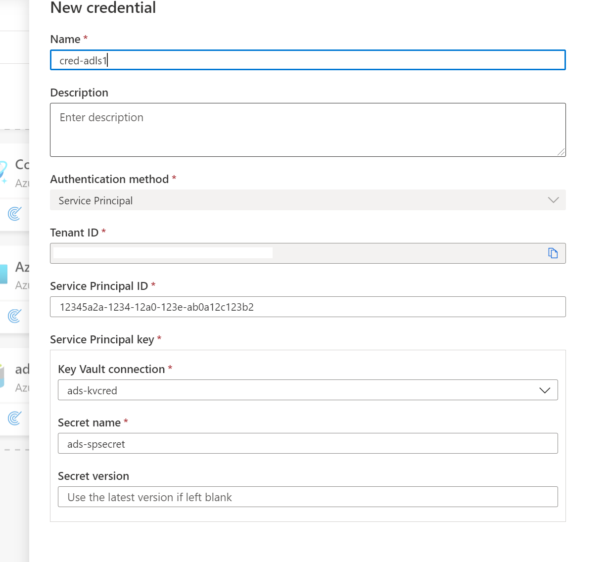 Screenshot that shows the service principal key vault option