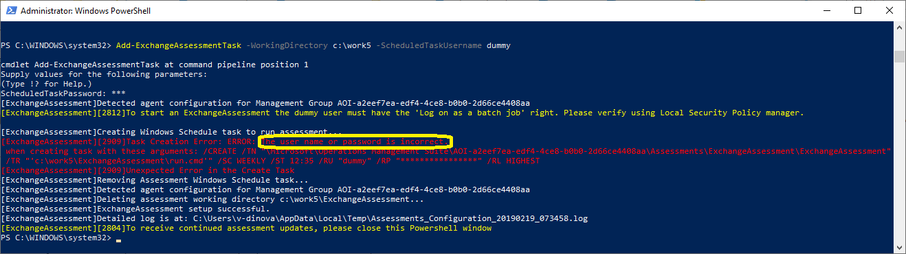 Kullanıcı hata iletisini görüntüleyen PowerShell Windows.