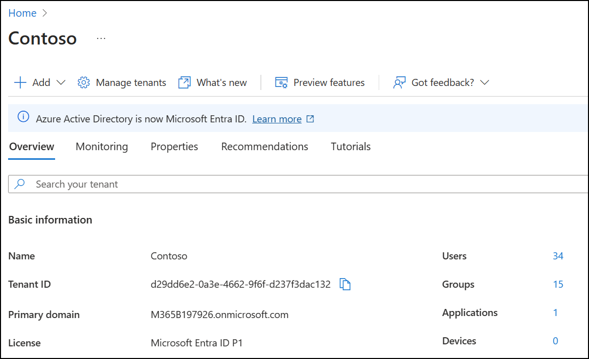 Screenshot that shows the Directory Properties pane in the Entra Admin Center dashboard