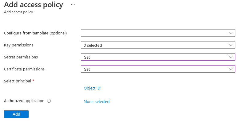 Screenshot of adding access policy to the key vault in the Azure portal.