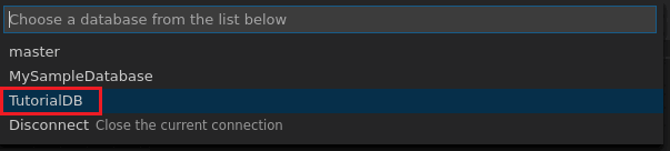 Screenshot of Visual Studio Code, choosing a database.