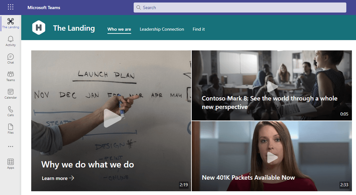 Viva Connections aracılığıyla Teams'de sekme olarak gösterilen kuruluş intranet giriş sayfası. Videolar, hero web bölümünde sayfanın üst kısmında gösterilir.