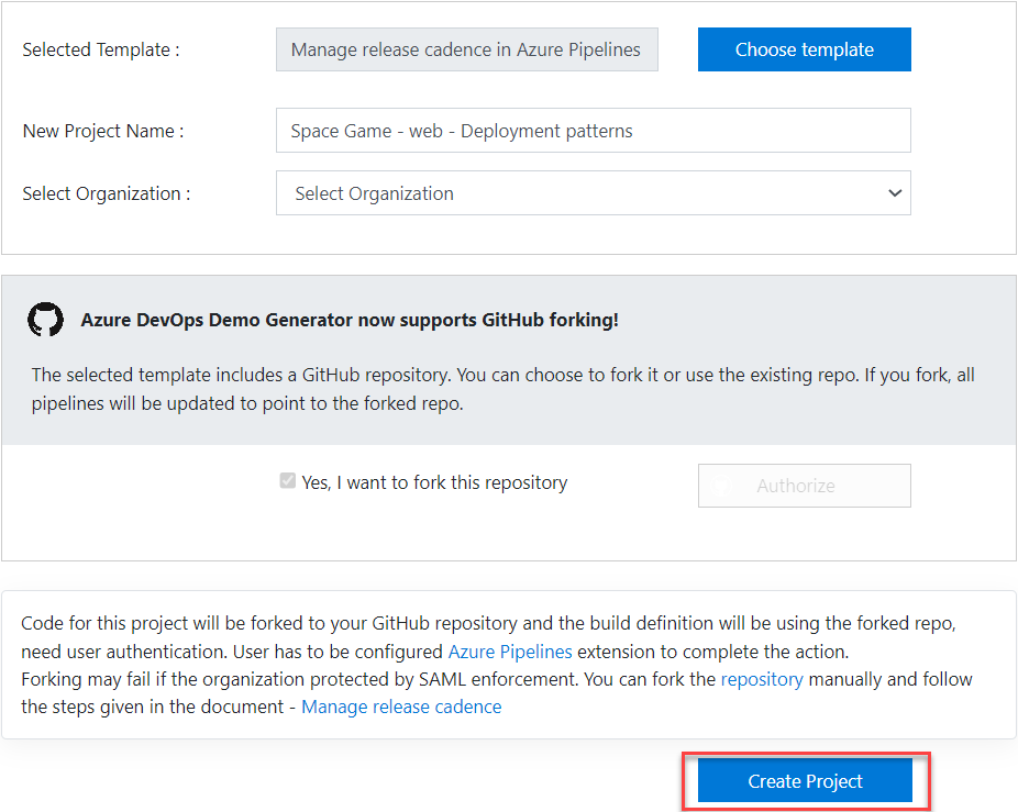 Screenshot that shows how to create a project through the Azure DevOps Demo Generator.