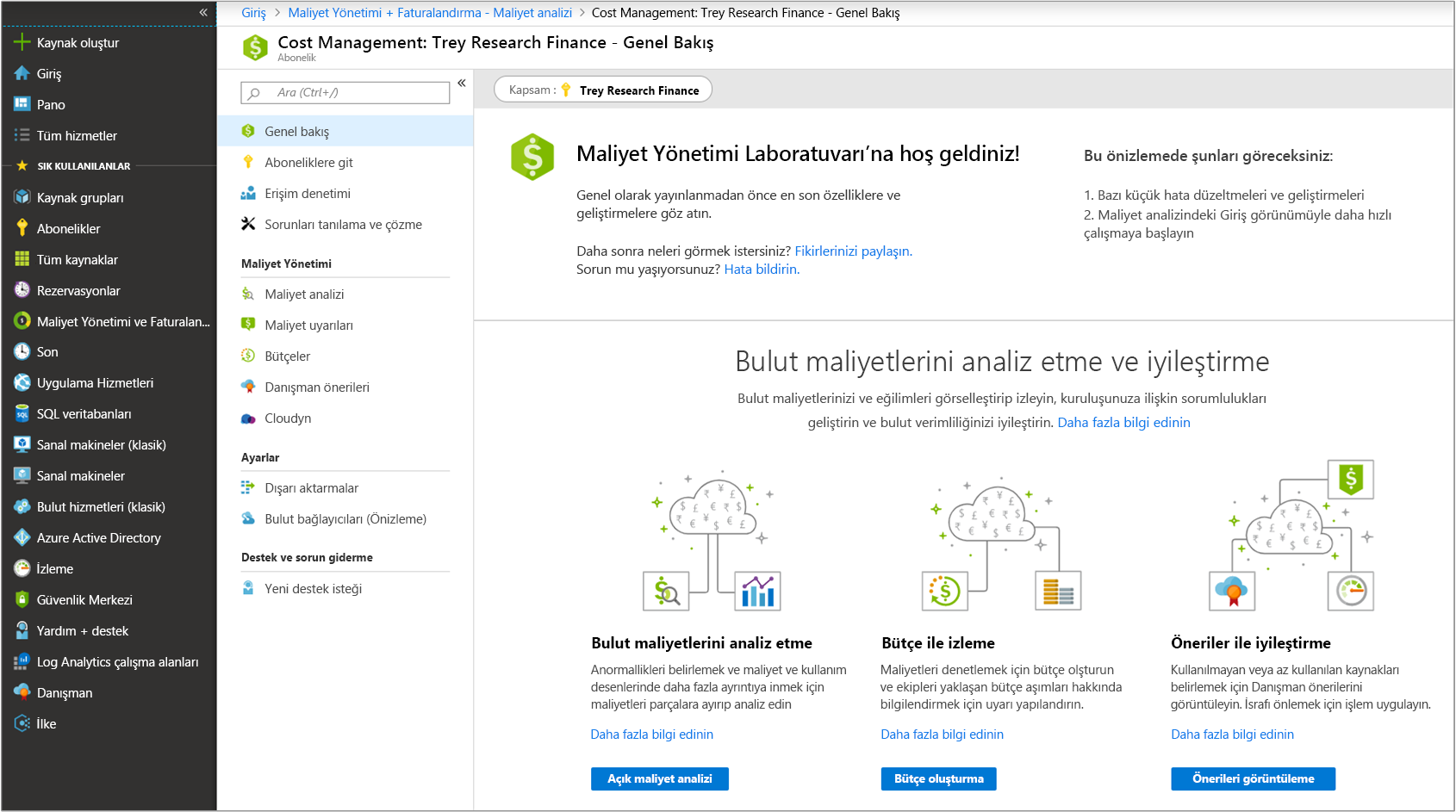 Maliyet Yönetimi ve Faturalandırma yan gezintisinden Maliyet Yönetimi genel bakış paneline gidilen Azure Portal’ın ekran görüntüsü.