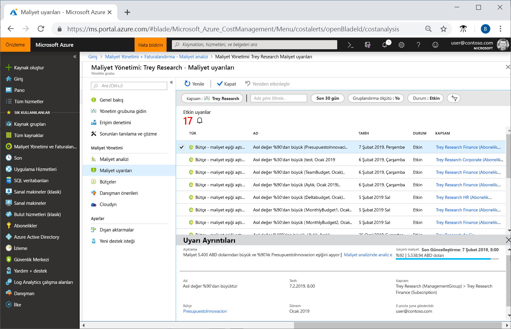 Screenshot listing cost alerts shown in Cost Management.