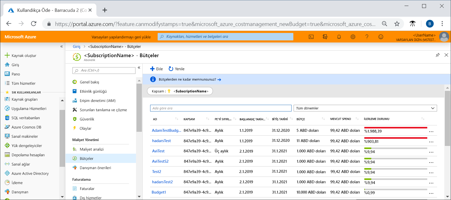 Screenshot listing Cost Management budgets already created.