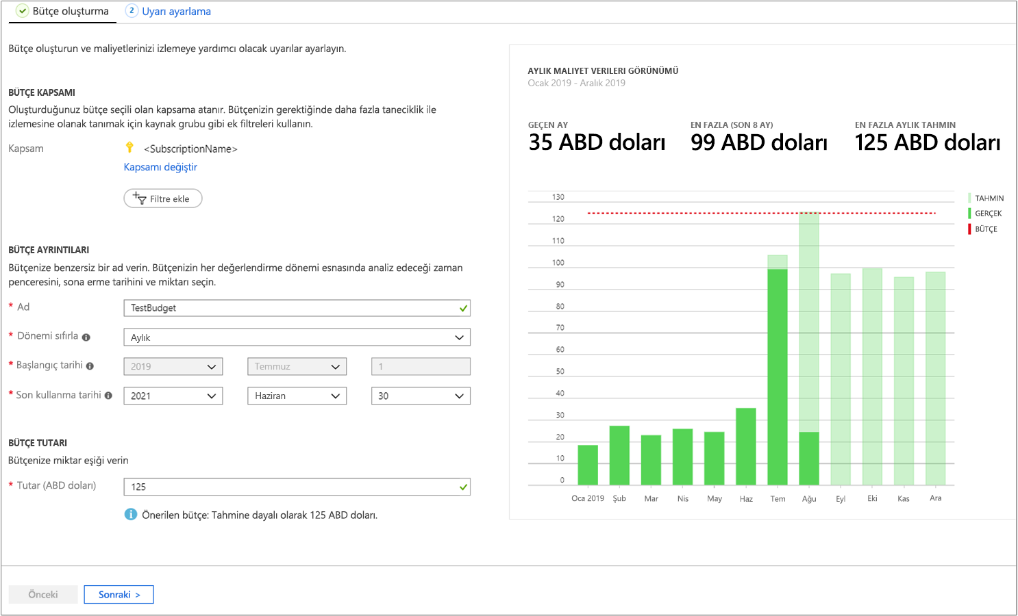 Screenshot of budget creation with monthly cost data.