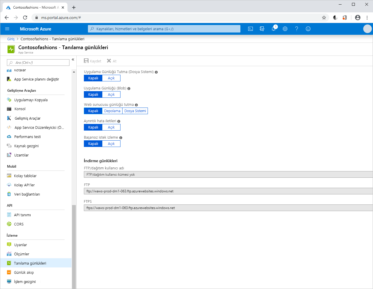 Screenshot of Diagnostics logs pane in the Azure portal.