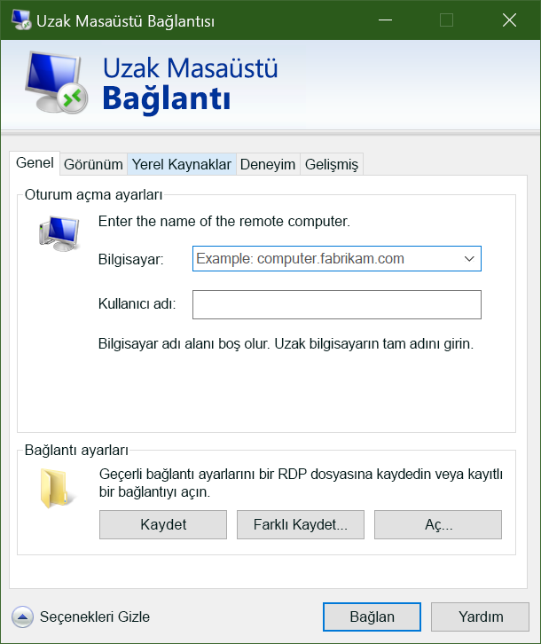 Uzak Masaüstü Protokolü istemcisi kullanıcı arabiriminin ekran görüntüsü.