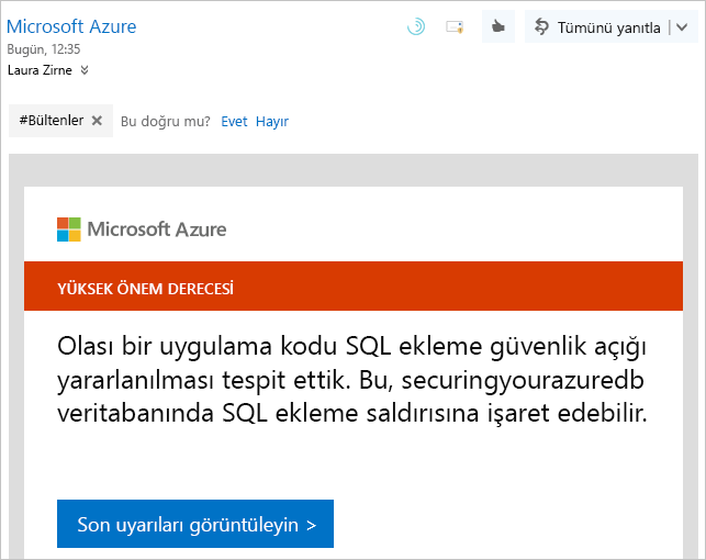 Bulut için Microsoft Defender örnek bildirim uyarılarını gösteren ekran görüntüsü.