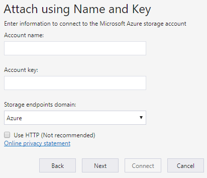 Dış depolama hesabına bağlanmak için Azure Depolama Gezgini sihirbazının ekran görüntüsü.