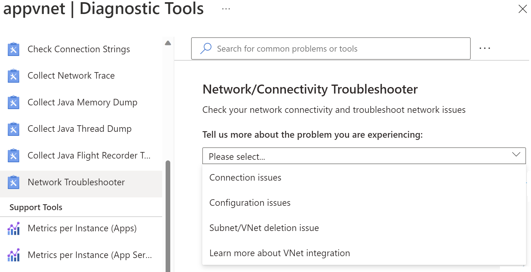 Azure portal ağ sorun gidericisinin nasıl açıldığını gösteren ekran görüntüsü.