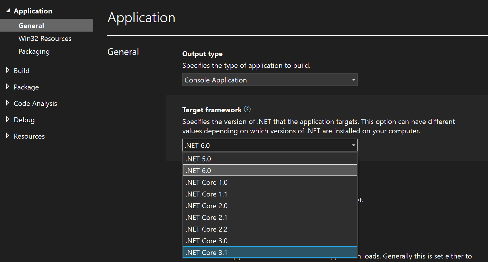 Visual Studio'da hedef çerçeveyi değiştirmeyi gösteren ekran görüntüsü.