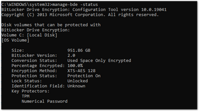 Komut İstemi penceresindeki manage-bde.exe komutunun örnek ekran görüntüsü.