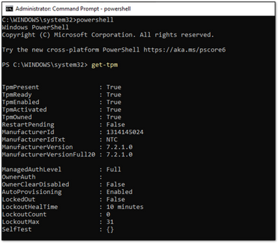 PowerShell penceresindeki mevcut ve etkin TPM'nin örnek ekran görüntüsü.