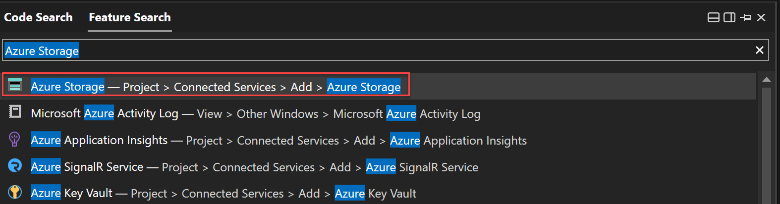 Azure Depolama'yı aramak için Özellik Arama'yı kullanmanın ekran görüntüsü.