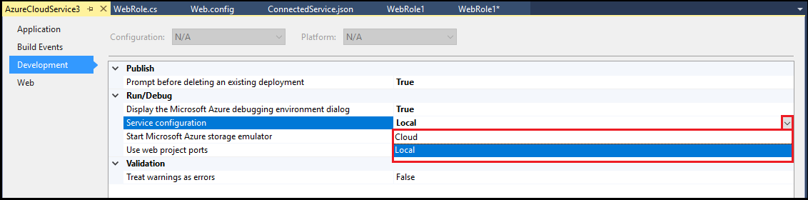 Azure Cloud Services (genişletilmiş destek) projesinin Hizmet Yapılandırması listesini gösteren ekran görüntüsü.