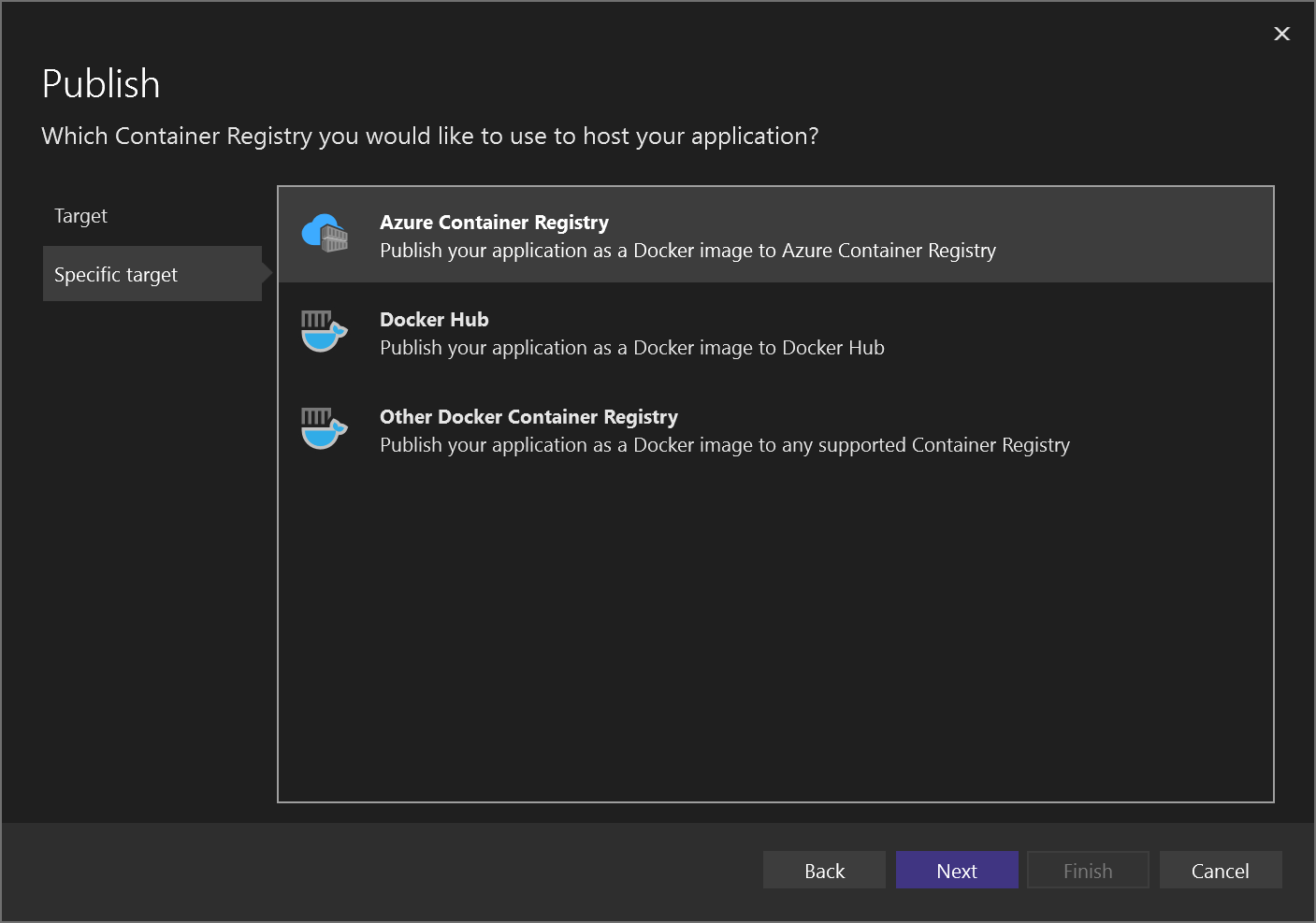 Azure Container Registry'yi Seç'i gösteren ekran görüntüsü.