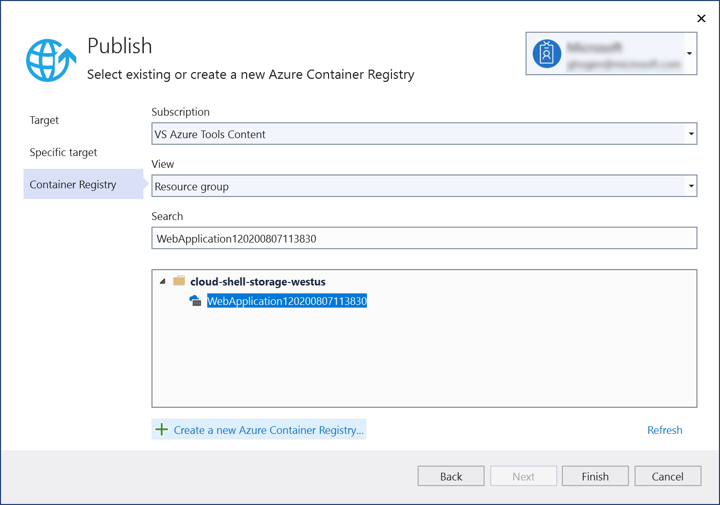 Azure Container Registry'nin oluşturulduğunu gösteren Yayımla iletişim kutusunun ekran görüntüsü.