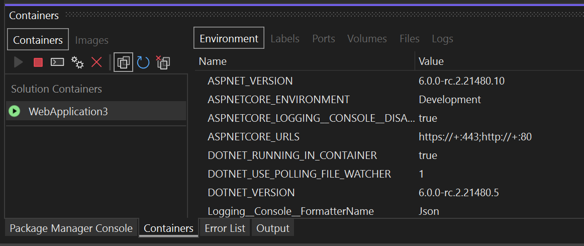 Sol bölmede bir kapsayıcının ve sağ bölmede Ortam sekmesinin seçili olduğu Visual Studio'daki Kapsayıcılar penceresinin ekran görüntüsü.