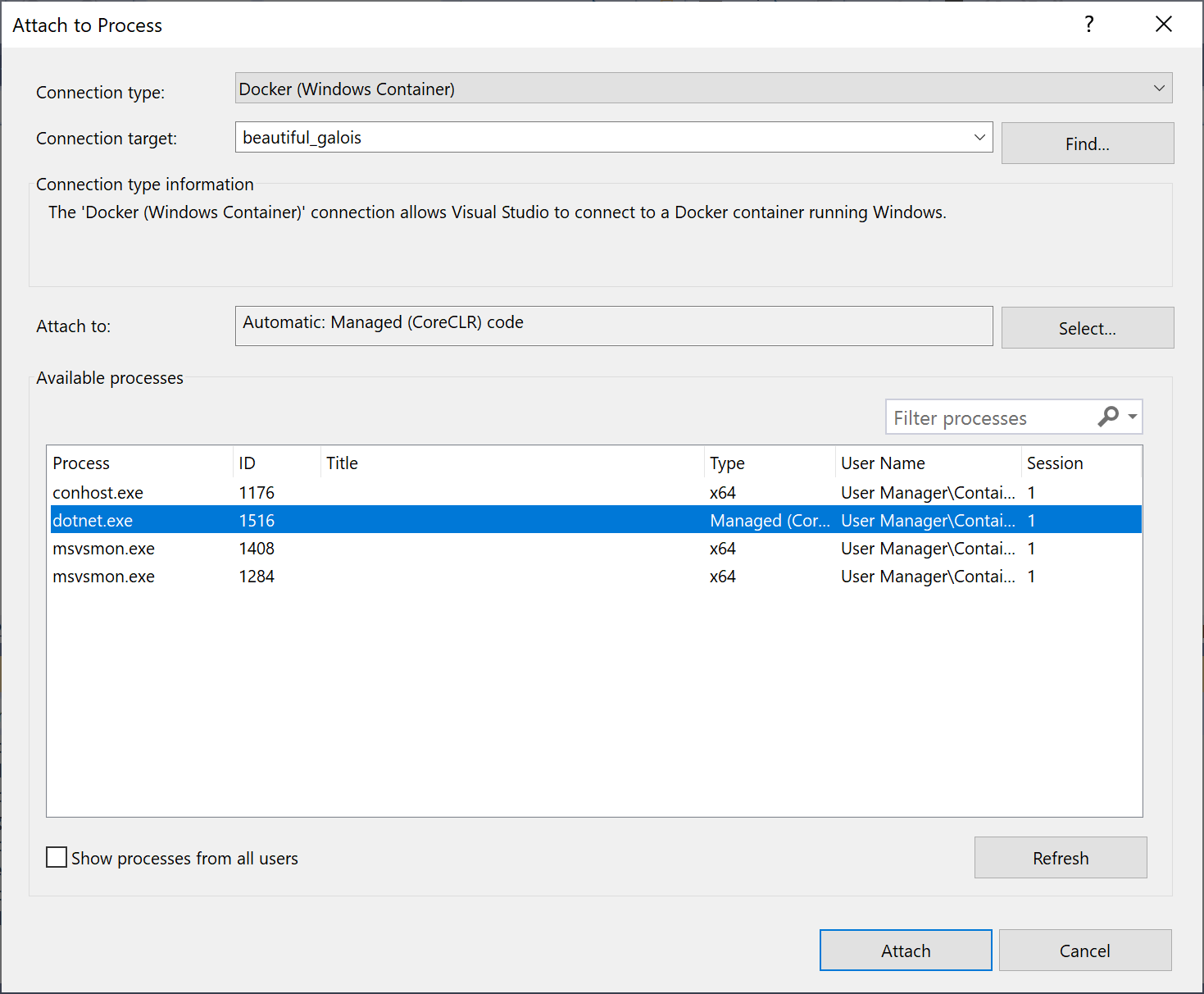 Visual Studio'da İşleme Ekle iletişim kutusunun ekran görüntüsü. Bağlan ion türü Docker (Windows Kapsayıcısı) olarak ayarlanır ve dotnet.exe işlemi seçilir.