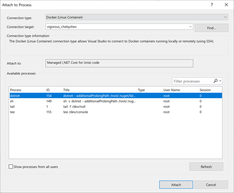 Visual Studio'da İşleme Ekle iletişim kutusunun ekran görüntüsü. Bağlan ion türü Docker (Linux Kapsayıcısı) olarak ayarlanır ve dotnet işlemi seçilir.