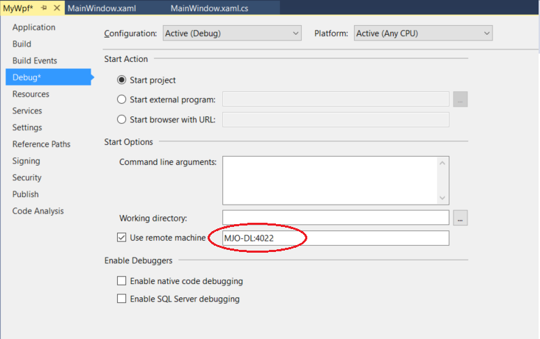 Visual Studio Proje Özellikleri'ndeki Hata Ayıklama sekmesinin ekran görüntüsü. Uzak makine kullan özelliği 'MJO-DL:4022' olarak ayarlanır.