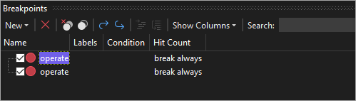 Screenshot that shows breakpoints window.