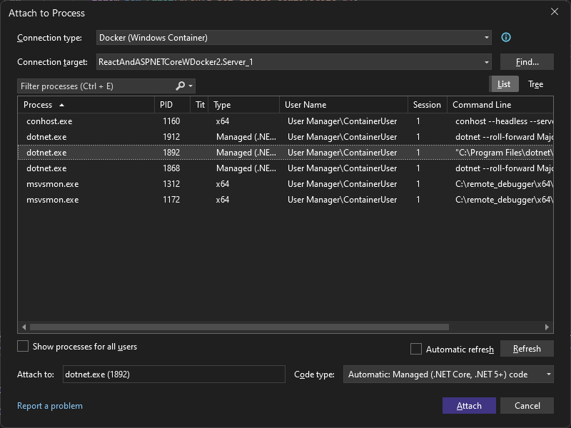 Visual Studio'da İşleme Ekle iletişim kutusunun ekran görüntüsü. Bağlan ion türü Docker (Windows Kapsayıcısı) olarak ayarlanır ve dotnet.exe işlemi seçilir.