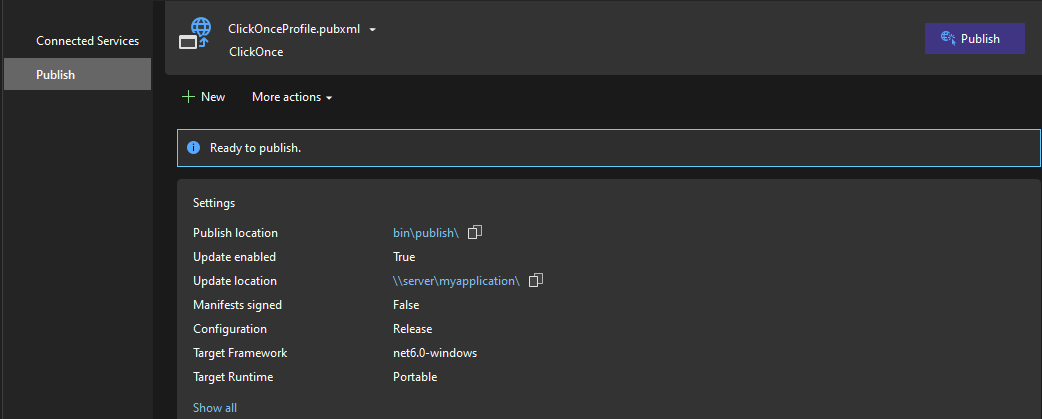 Publish property pane showing a profile summary