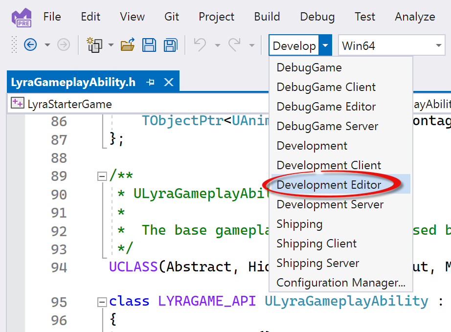 Çözüm Yapılandırmaları açılan listesinin genişletildiği ve Geliştirme Düzenleyicisi'nin seçili olduğu Visual Studio'nun ekran görüntüsü.