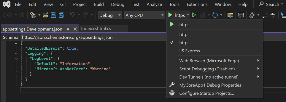 Ekran görüntüsü, Visual Studio'da araç çubuğunda vurgulanan https düğmesini gösterir.