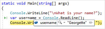 Visual Studio'da hata ayıklama sırasında değişken değerini gösteren ekran görüntüsü.