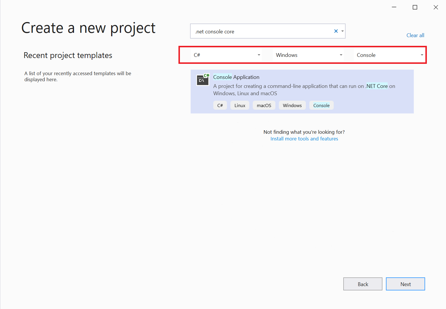 Visual Studio 2019'da istediğiniz şablonu seçtiğiniz 'Yeni proje oluştur' penceresinin ekran görüntüsü.