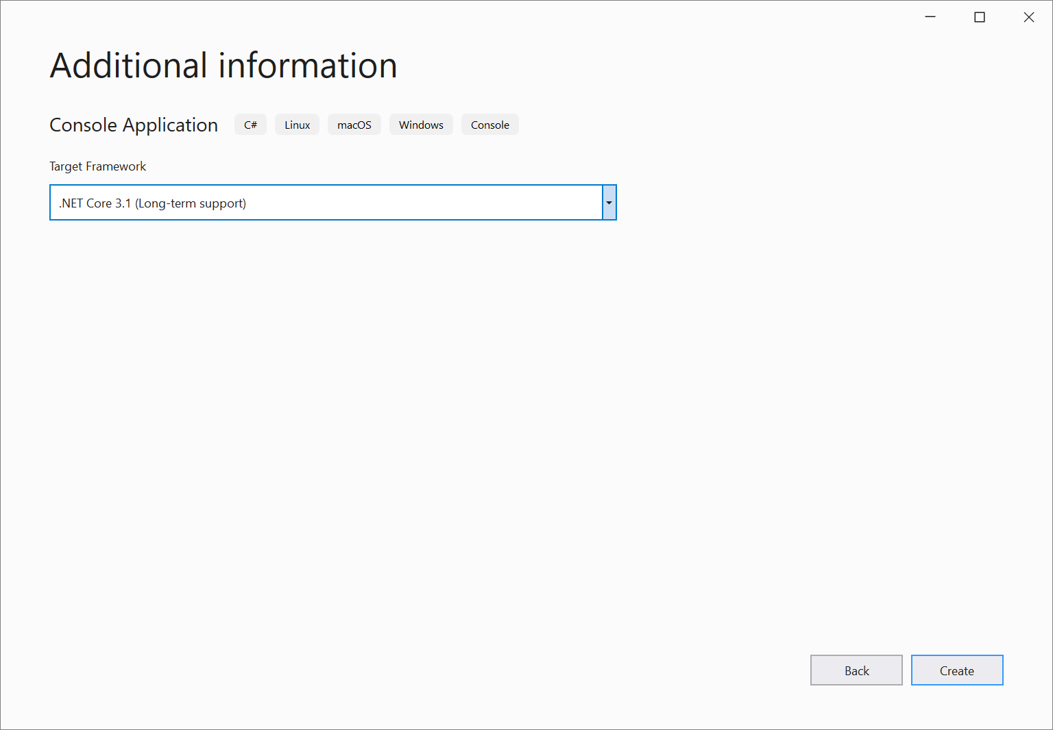 Visual Studio 2019'da istediğiniz .NET Core Framework sürümünü seçtiğiniz 'Ek bilgiler' penceresinin ekran görüntüsü.