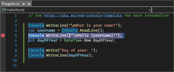 Visual Studio'da bir kod satırında kesme noktasını gösteren ekran görüntüsü.