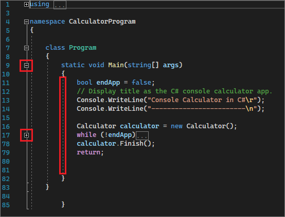 Visual Studio IDE'yi kırmızı kutularla gösteren ekran görüntüsü.