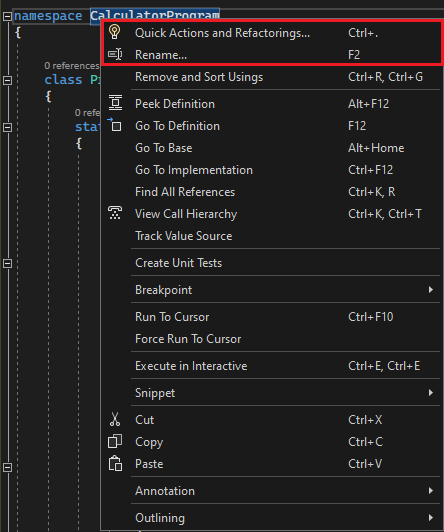 Visual Studio'da Yeniden Düzenleme'yi gösteren ekran görüntüsü.