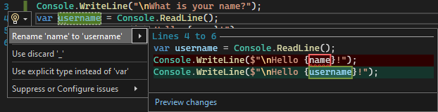 Visual Studio'da Yeniden Adlandır eylemini gösteren ekran görüntüsü.