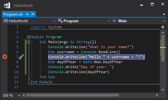 Visual Studio'da bir kod satırında kesme noktasını gösteren ekran görüntüsü.