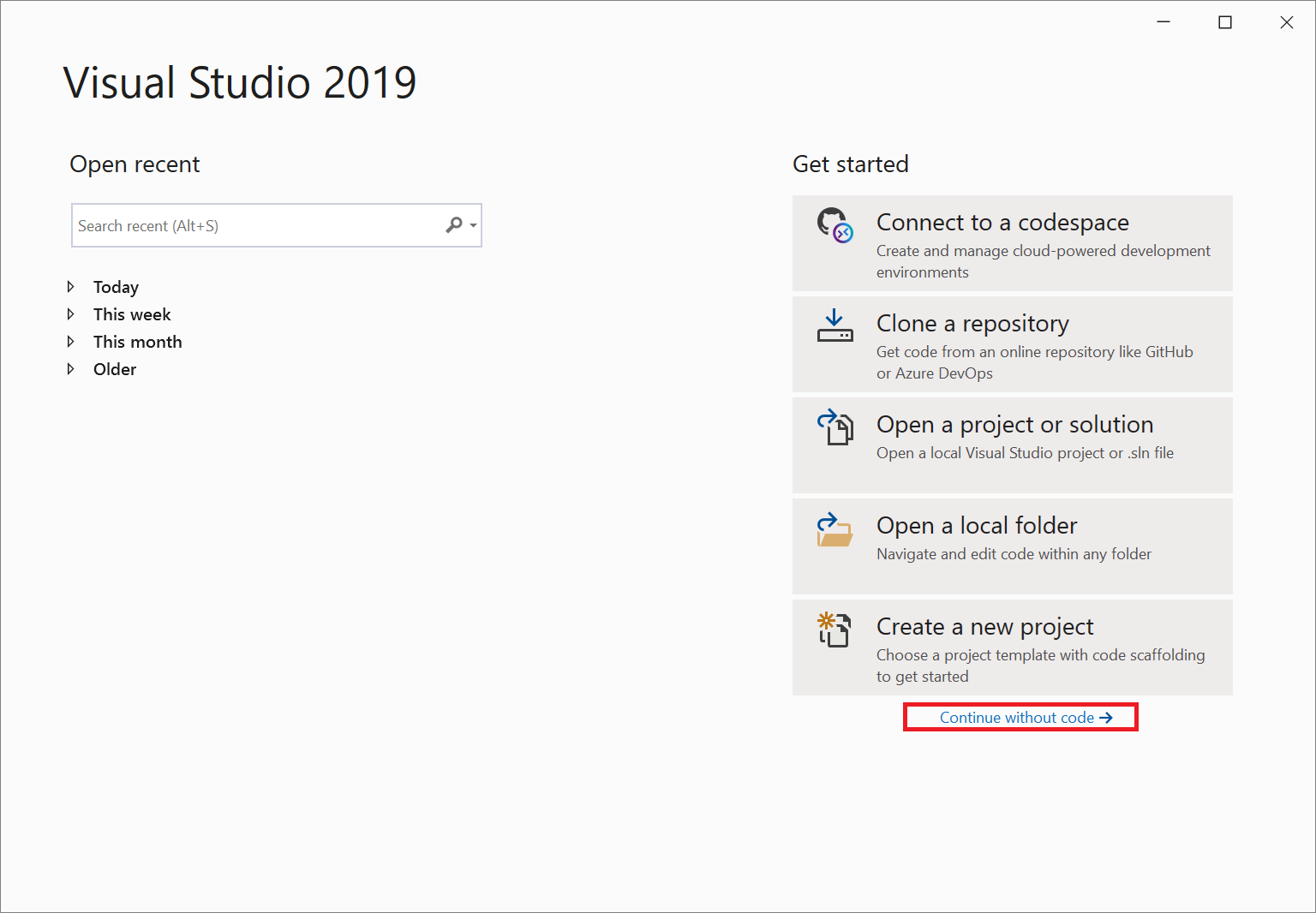 Visual Studio 2019'da 'Kod olmadan devam et' bağlantısının vurgulandığı Başlangıç penceresinin ekran görüntüsü.