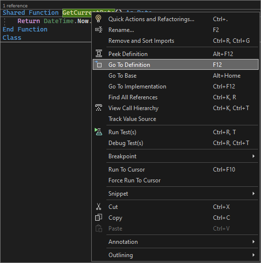 Visual Studio'da Tanıma Git'i gösteren ekran görüntüsü.