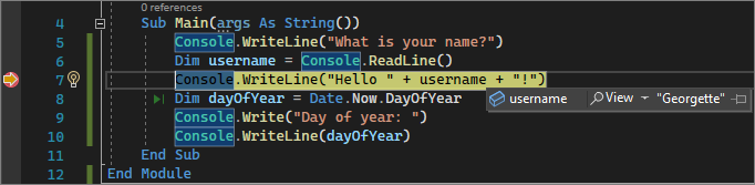 Visual Studio'da hata ayıklama sırasında değişken değerini gösteren ekran görüntüsü.