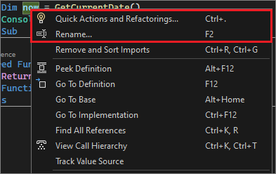 Visual Studio'da Yeniden Düzenleme menüsünün ekran görüntüsü.