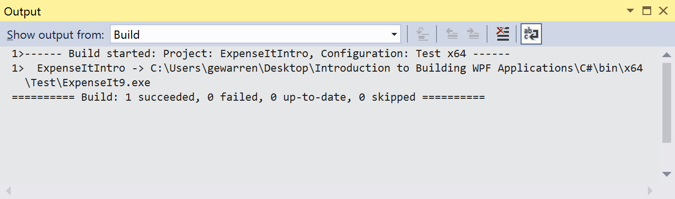 Screenshot of Output Window for C# with no build warnings