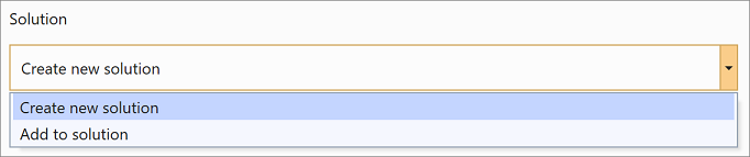 Visual Studio 2019'da 'Yeni çözüm oluştur' veya 'Çözüme ekle' iletişim kutusunun ekran görüntüsü.
