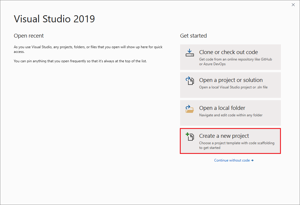 Visual Studio 2019'da başlangıç penceresindeki 'Yeni proje oluştur' iletişim kutusunun ekran görüntüsü