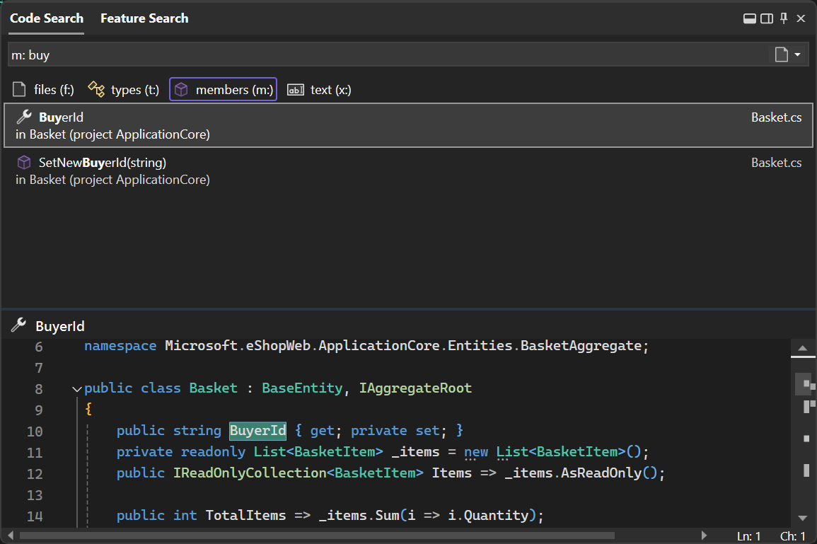 Visual Studio 2022 sürüm 17.6 veya sonraki sürümlerde Tümü Bir Arada Arama deneyiminin ekran görüntüsü.