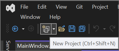 Visual Studio 2022'de Yeni Proje düğmesinin ekran görüntüsü.